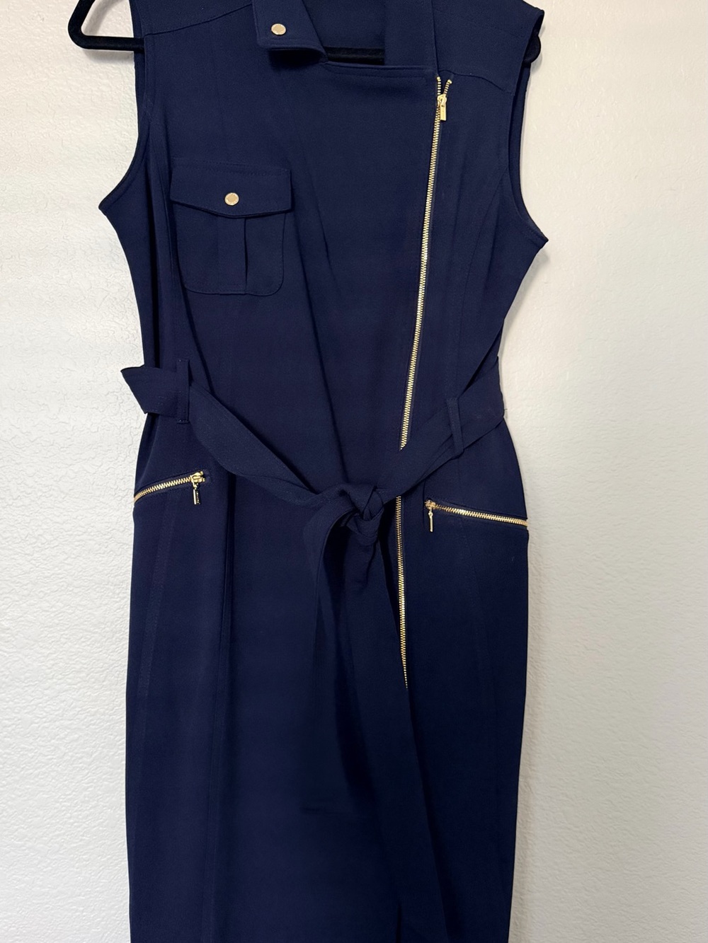 Calvin Klein Sleeveless Navy Zip-Detail Belted Dress